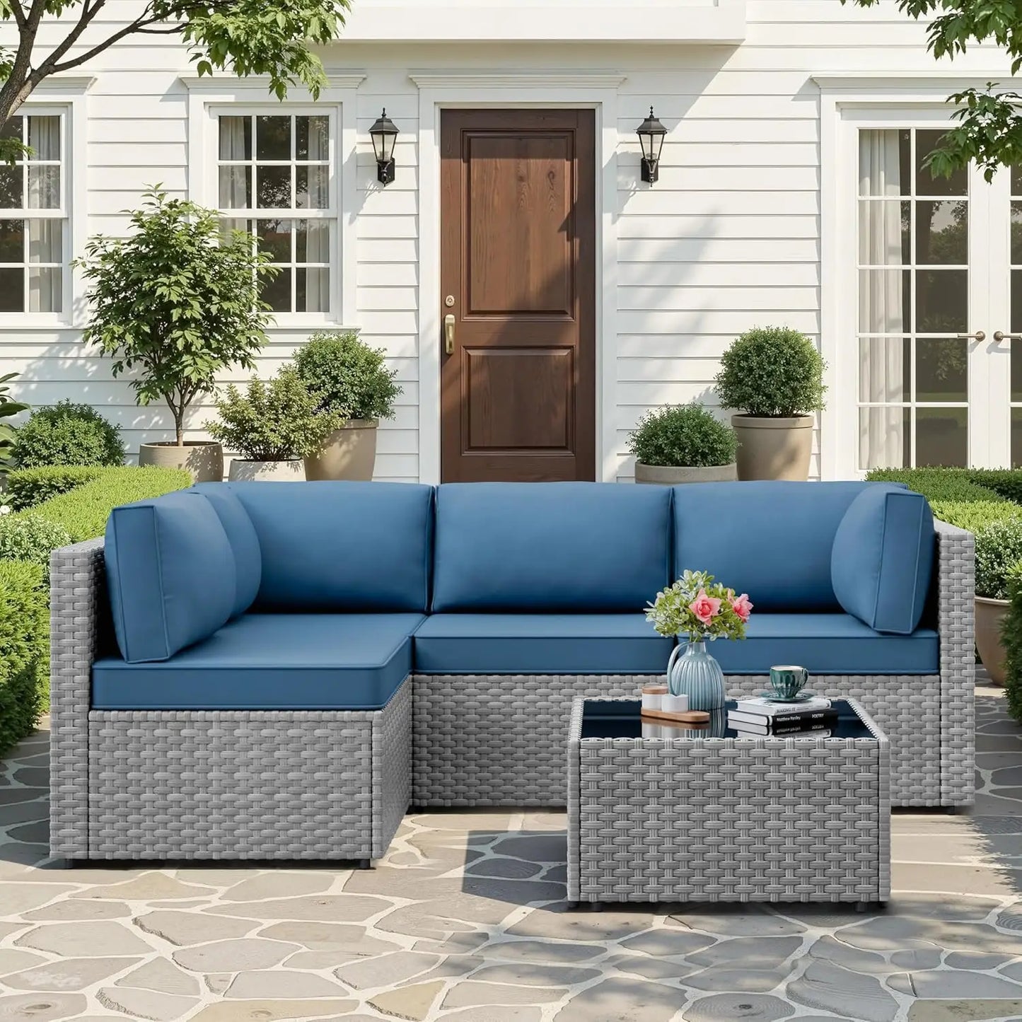 Patio Furniture Sets, 5-Piece Outdoor Patio Furniture with Thick Cushions, Wicker Outdoor Conversation Set, Customized