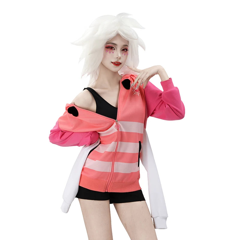 WENAM Anime Angel Dust Cosplay Costume Sexy Pink White Striped Four Arms Demon Suit for Women Halloween Party