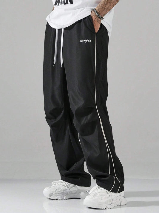 Men's Black Casual Letter Pattern Contrast Piping Drawstring Waist Trousers