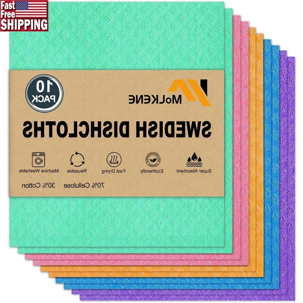 Reusable Swedish Dish Cloths 10 Pack Ultra Absorbent Cleaning Towels Kitchen Cellulose Sponge Cloths Fast Drying Eco Friendly