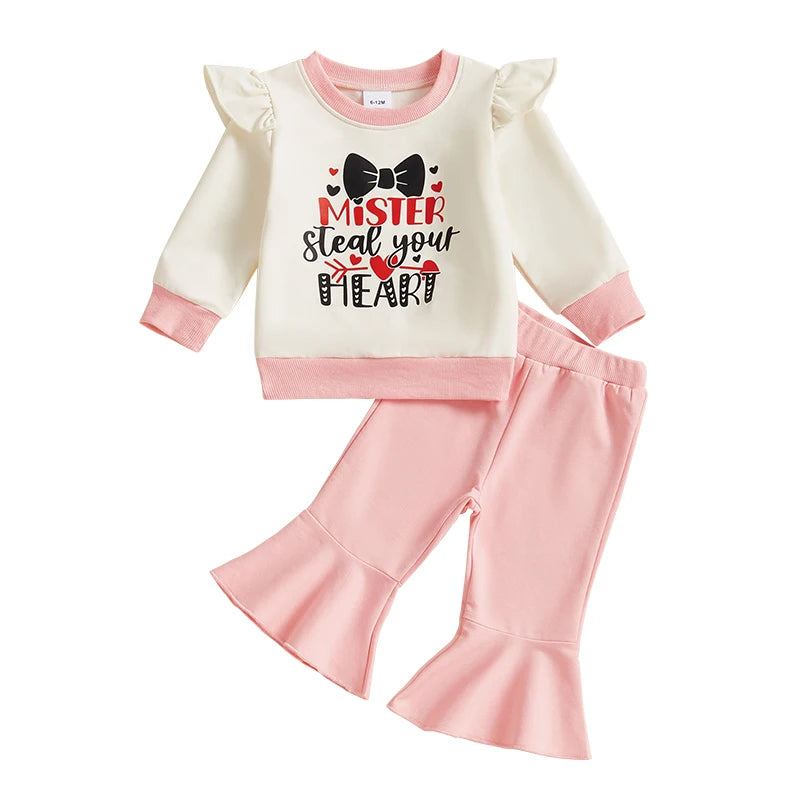 Toddler Girl Valentine s Day Heart Print Ruffle Sleeve Top and Solid Color Flare Pants Set for Baby Girls 2 Piece Outfit