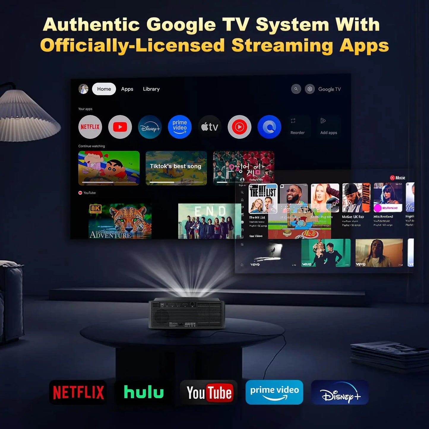 DESS 4K Smart Home Theater Projector Auto Focus Voice Control Full HD Android with Netflix and Google TV