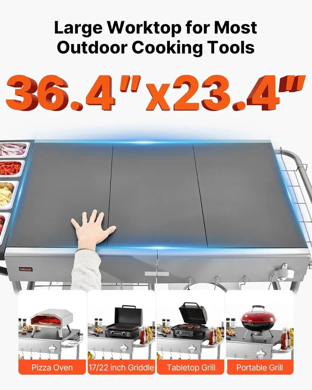 Outdoor Grill Cart with Wheels, 36.4x23.4 Inch Tabletop, Movable BBQ Prep Table for Picnic Kitchen Courtyard