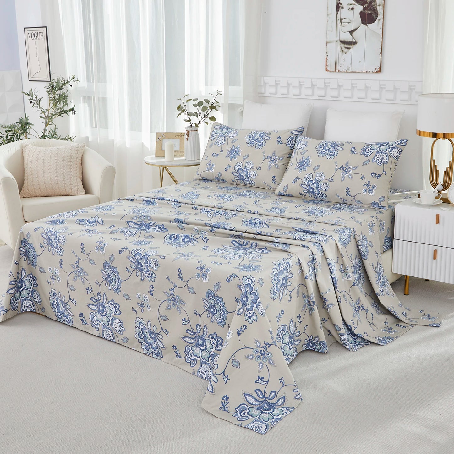 4 Pieces 600TC 100 Percent Egyptian Cotton Sheet Set Blue Boho Damask Paisley Floral Soft Skin Friendly