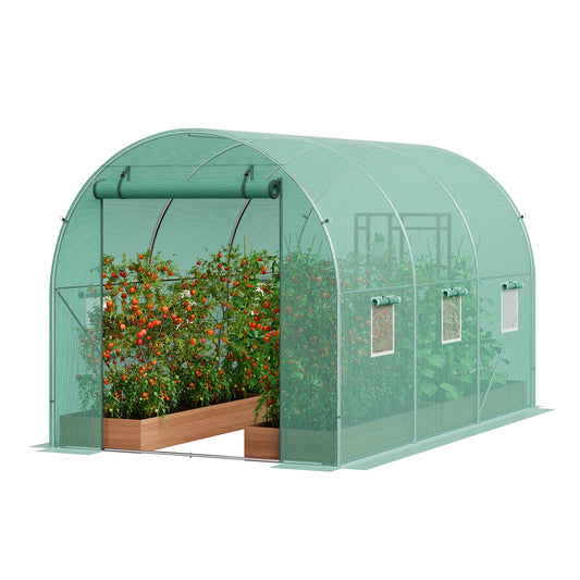 SucceBuy Walk In Tunnel Greenhouse Hoop House Steel Frame PE Cover Roll Up Zipper Door 345x195x192 cm