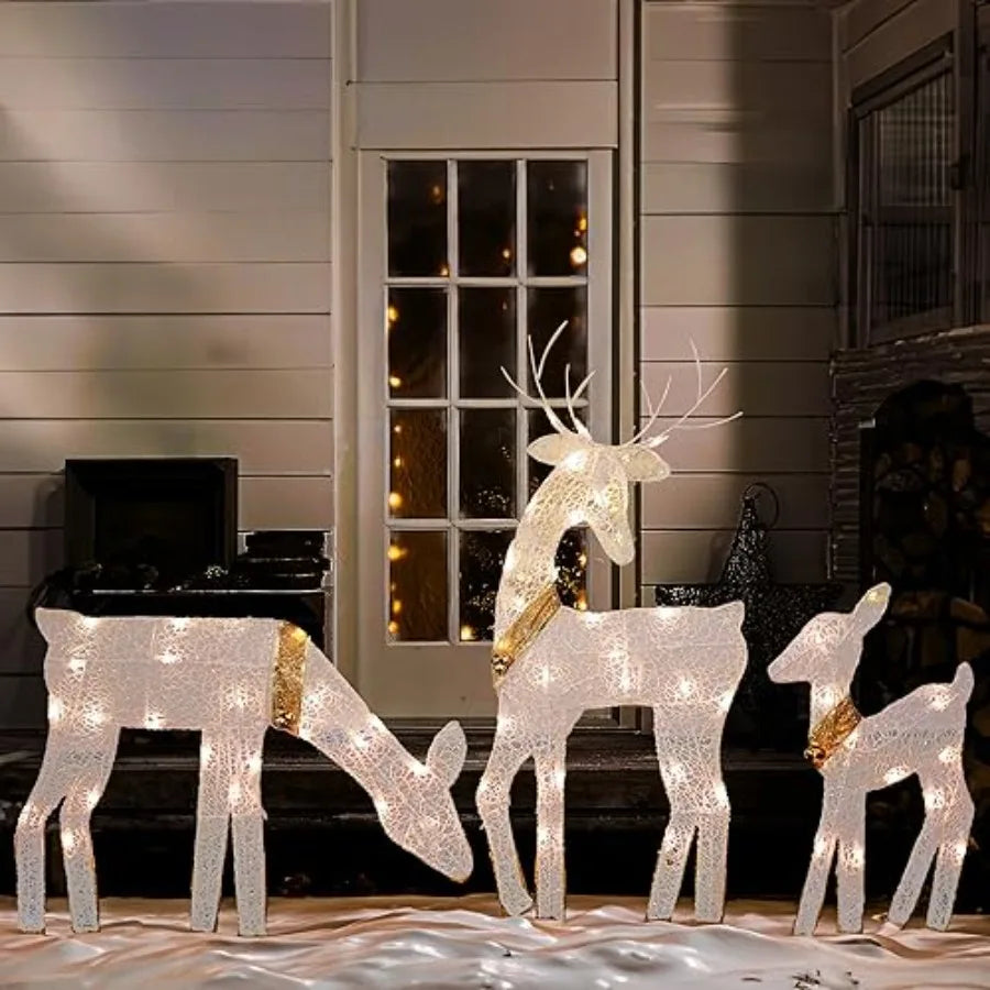 Christmas Outdoor Decoration 3Piece Lighted 2D Reindeer Family with 60 Lamps PreLit Light Up Deer Set Waterproof