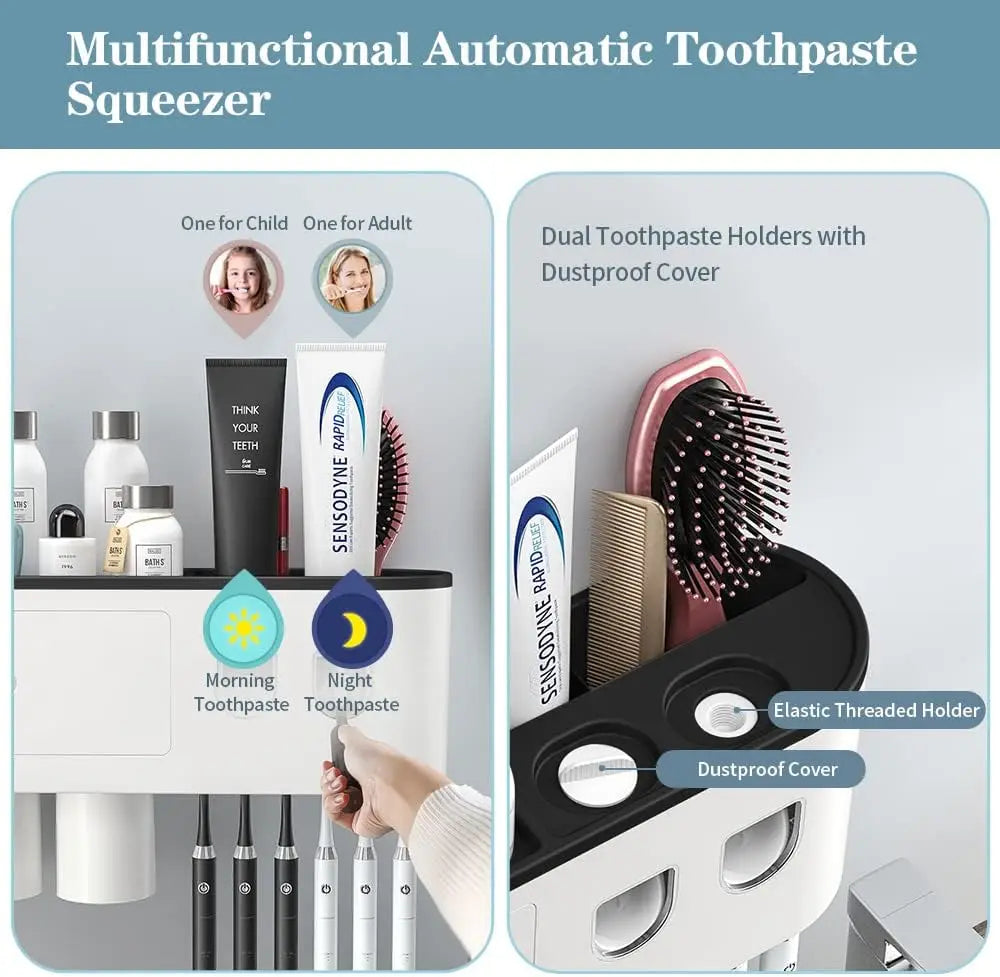 Dual Automatic Toothpaste Dispensers,   Eelectric Toothbrush Holder Wall-Mounted with Toothpaste Squeezer, Multifunctional