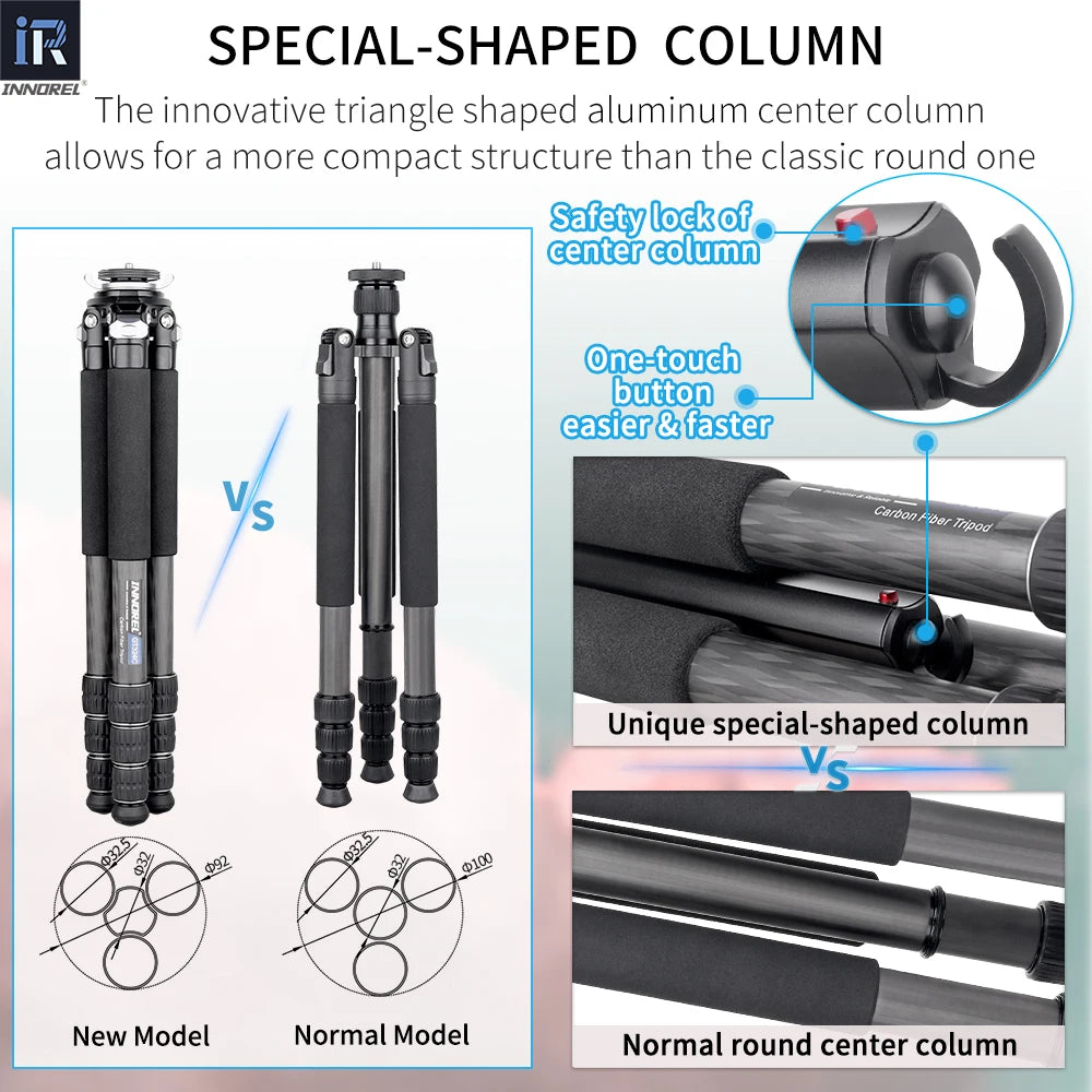 Innocrel GT284C GT324C Professional Carbon Fiber Tripod with Special Shaped Center Column for DSLR Low Gravity Center Ballhead