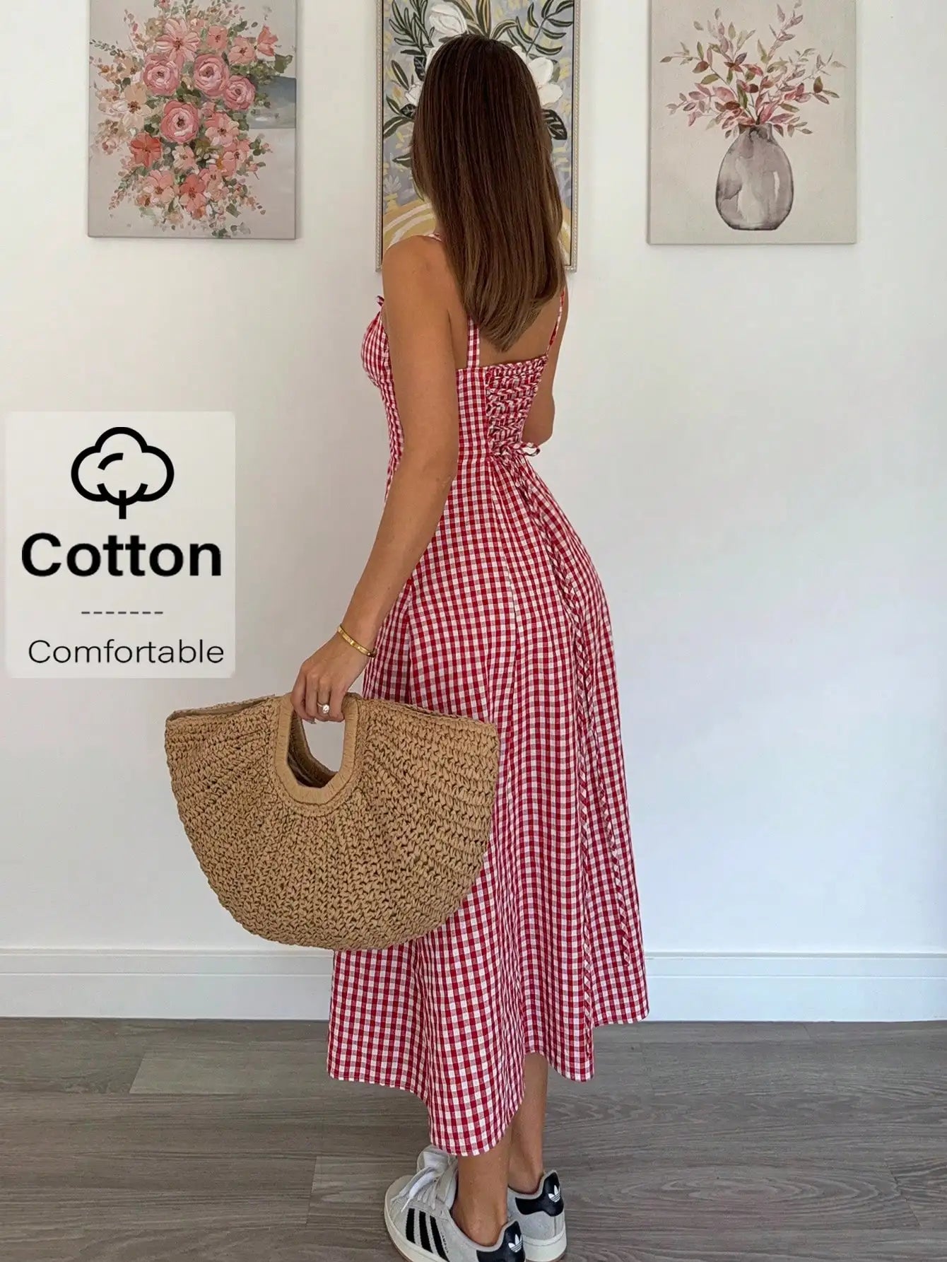 Red Gingham Women's Mid-Calf Dress with Spaghetti Straps, Casual Summer Style, Cotton Comfortable Fit