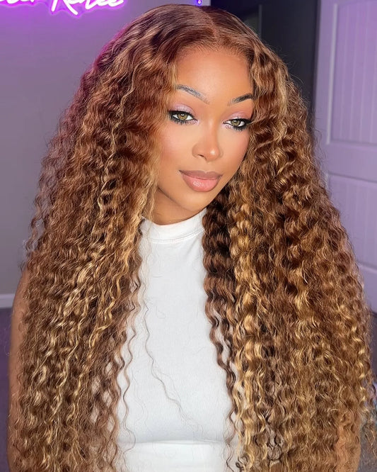 30 Inch Curly Wave Highlight Human Hair Wigs High Density Lace Front Wigs Colored Brazilian 13x6 HD Transparent Lace Frontal Wig