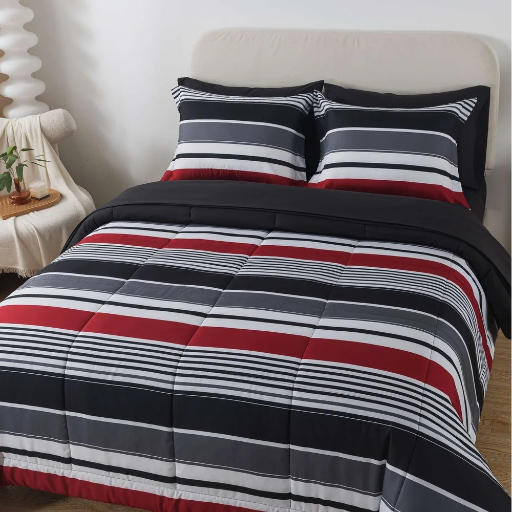 7 Piece Reversible Comforter Set With Sheets Soft Polyester Bedding Full Size Unisex Cozy Design Easy Care Storage Bag