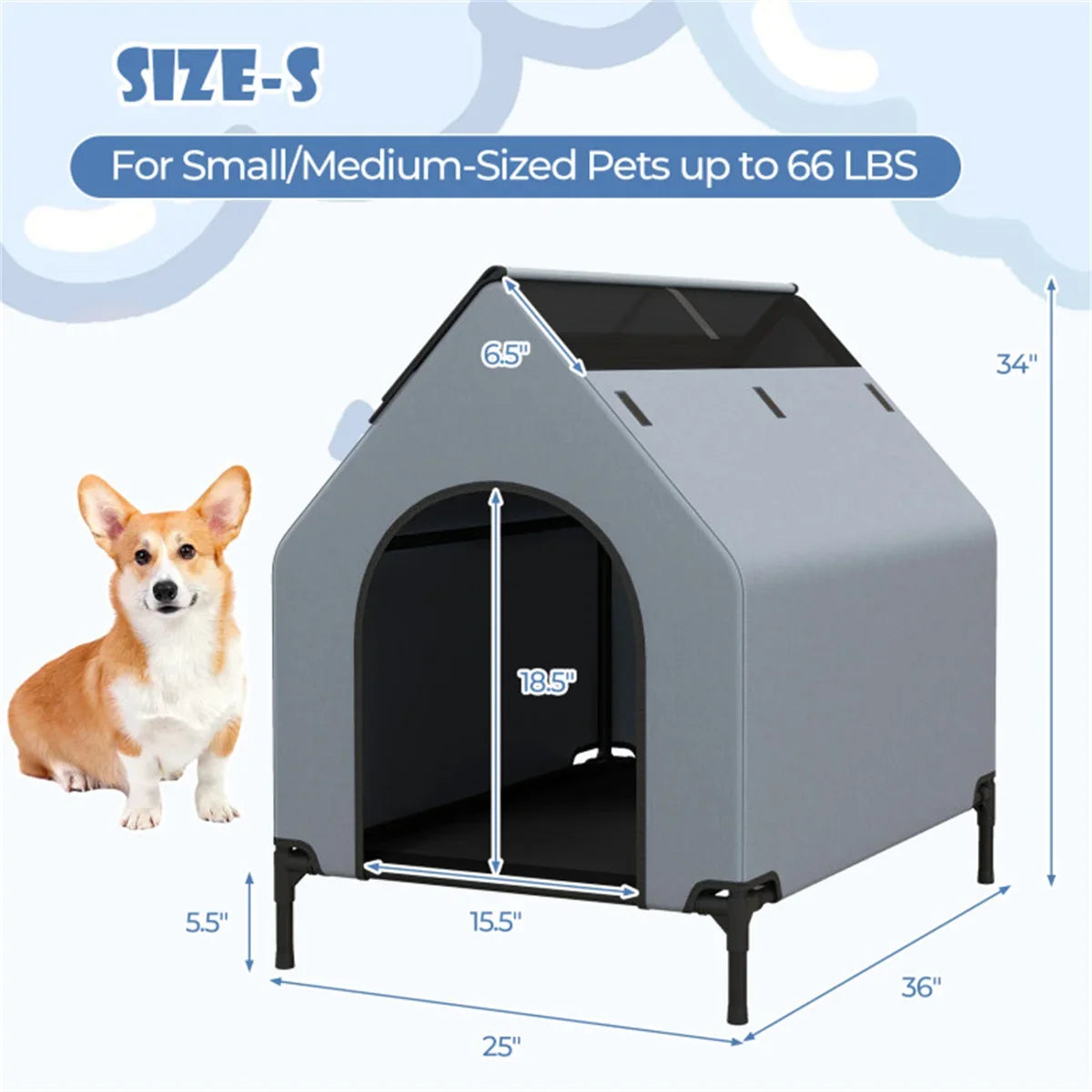 25 Inch x 36 Inch Pet House with Windows Spacious Elevated Design Dog Bed and Furniture Supplies