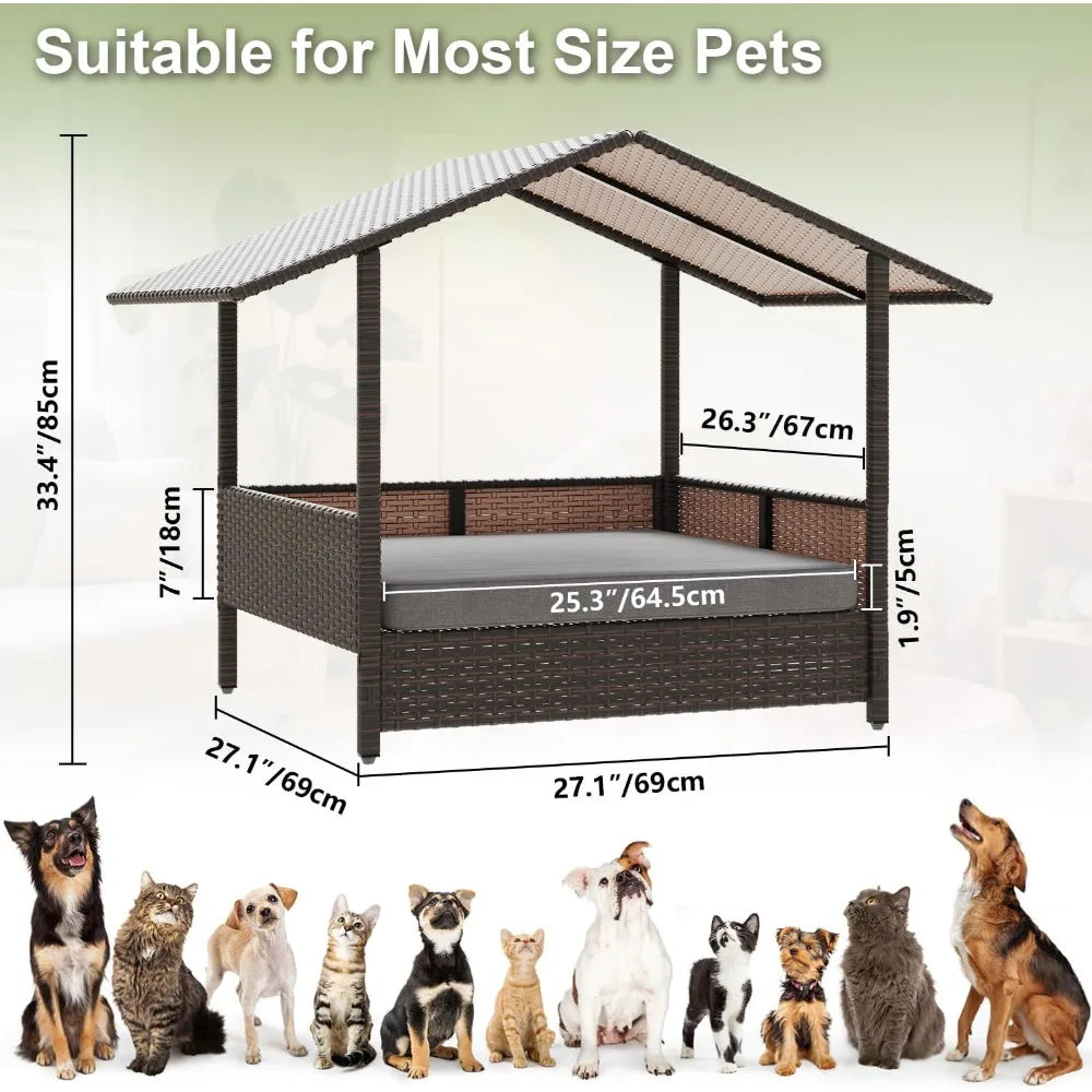Wicker Dog Bed House for Small Medium Large Dogs Outdoor Indoor Rattan Pet Home Elevated Shelter Dog Bed with Cushion
