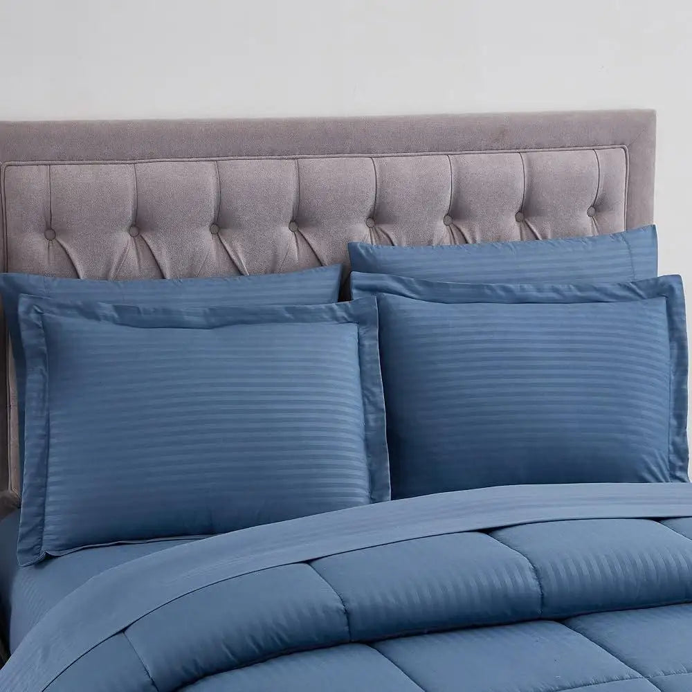 8 Piece King Comforter Set Soft Microfiber Dobby Stripe Design with Comforter Bed Skirt Sheets Pillowcases and Shams