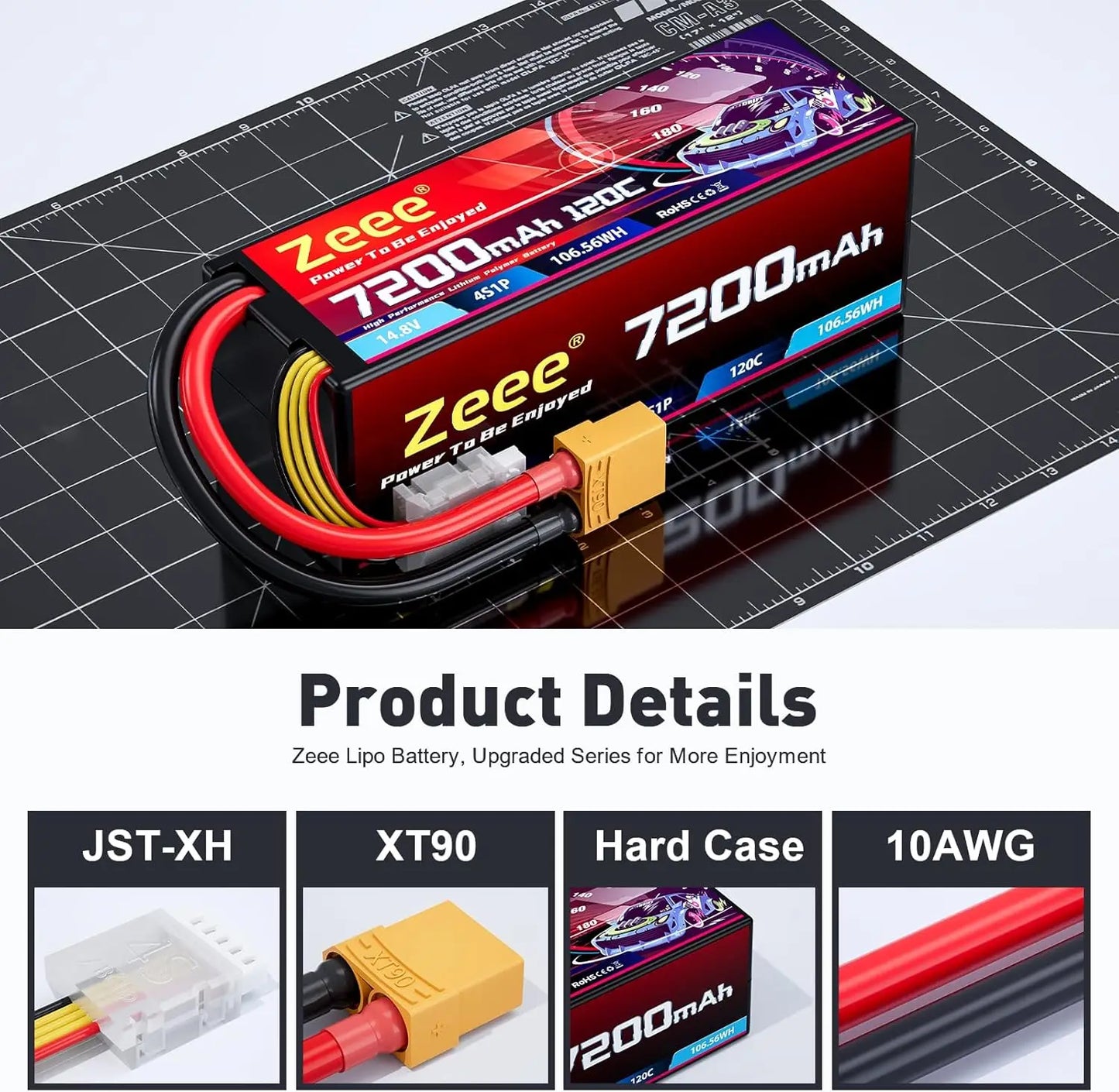 Zeee 4S Lipo Battery 7200mAh 14.8V 120C Hard Case RC Battery with XT90 Plug for 1/8 Buggy RC Car Truck Racing Models