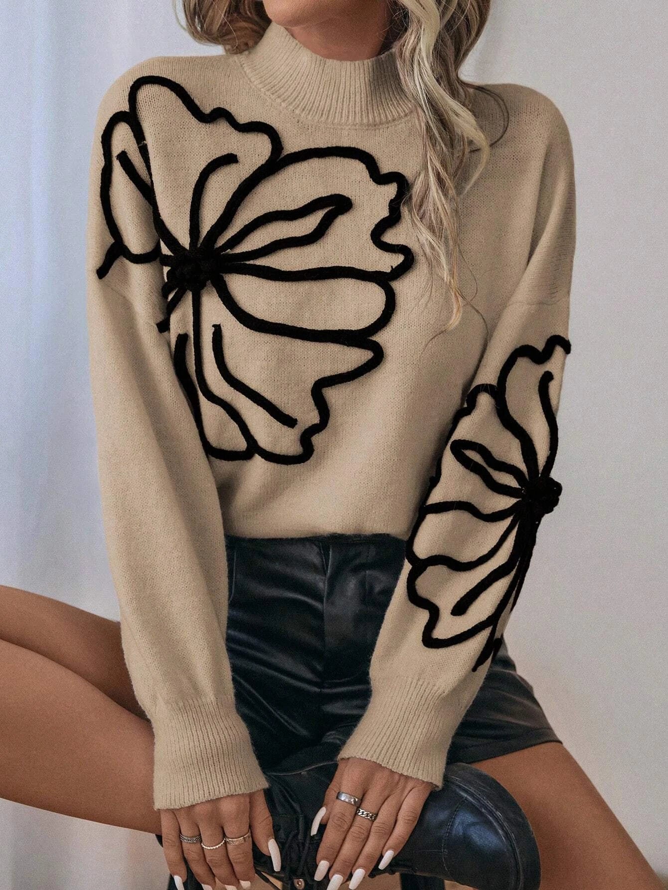 Women's Elegant Beige Butterfly Pattern Sweater - Soft Acrylic, Mock Neck, Long Sleeve, Loose Knit Pullover, Chic Casual Attire