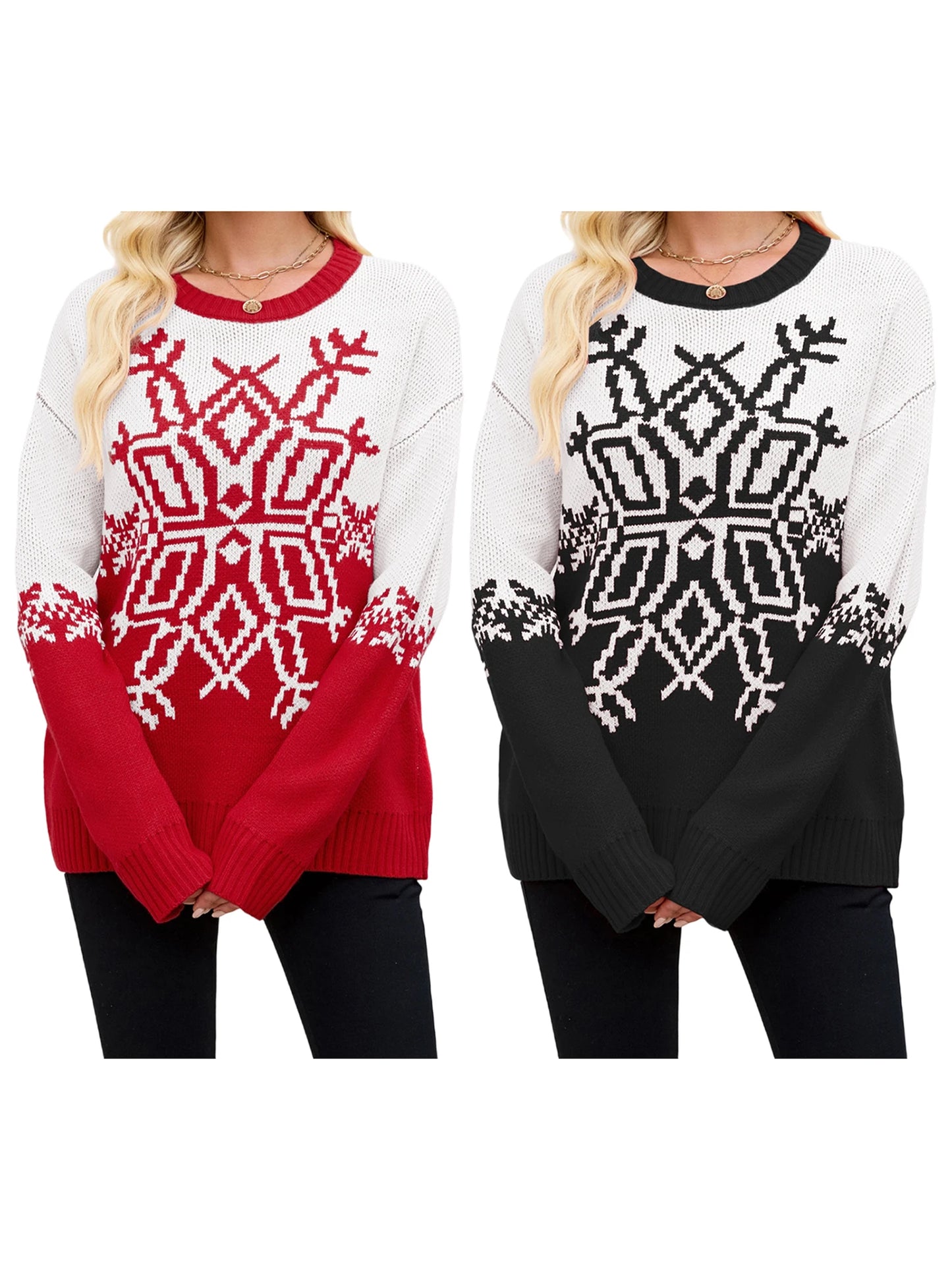 Women s Winter Cozy Sweater Adorable Reindeer Patterned Long Sleeve Crew Neck Knit Jumper Holiday Pullover