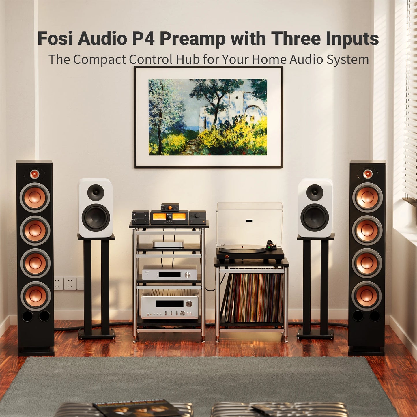 Fosi Audio P4 HiFi Preamplifier with 3 RCA Inputs EQ Bypass Swappable Op-Amps Treble and Bass Tone Control for Audiophile Systems
