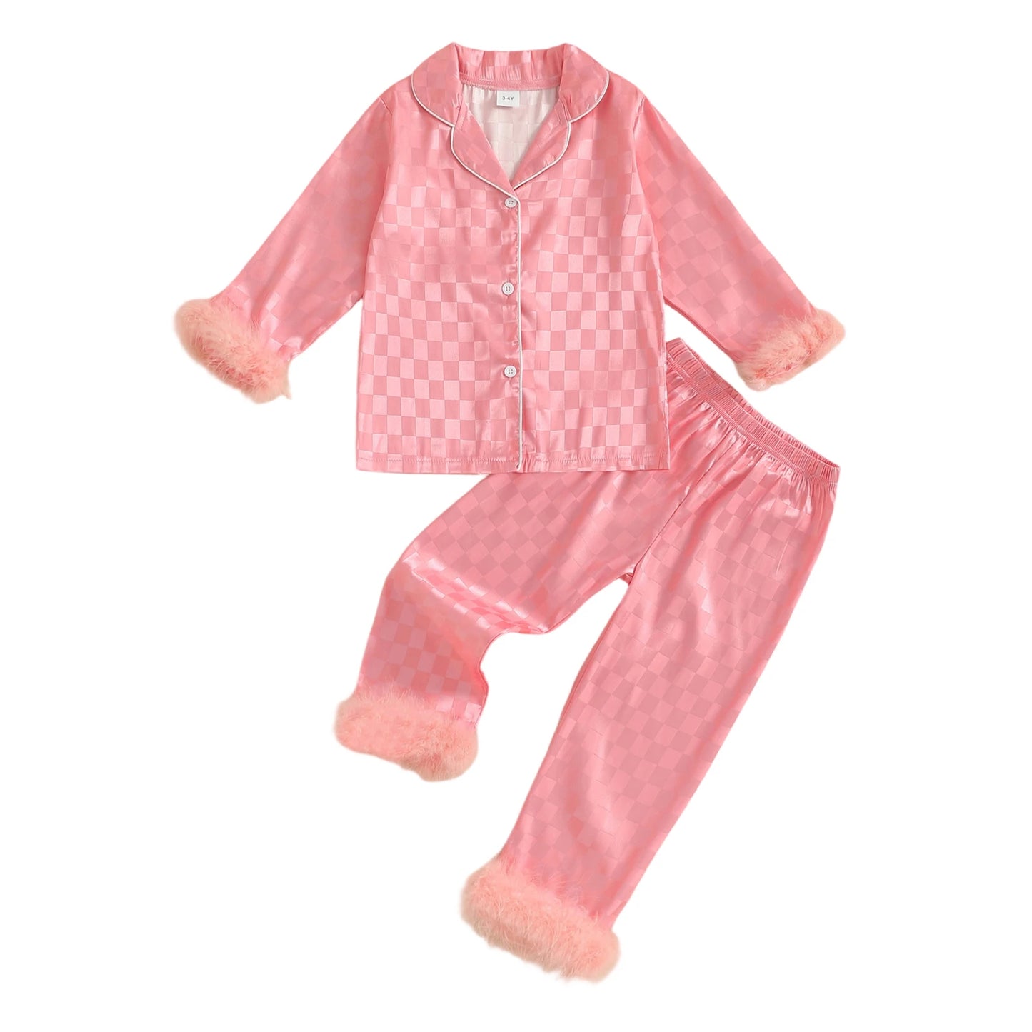 Adorable Infant Girls Checkered Pajama Outfits Stylishly Adorned with Faux Fur Lapel V-Neck Long Sleeve Blouses and Trousers