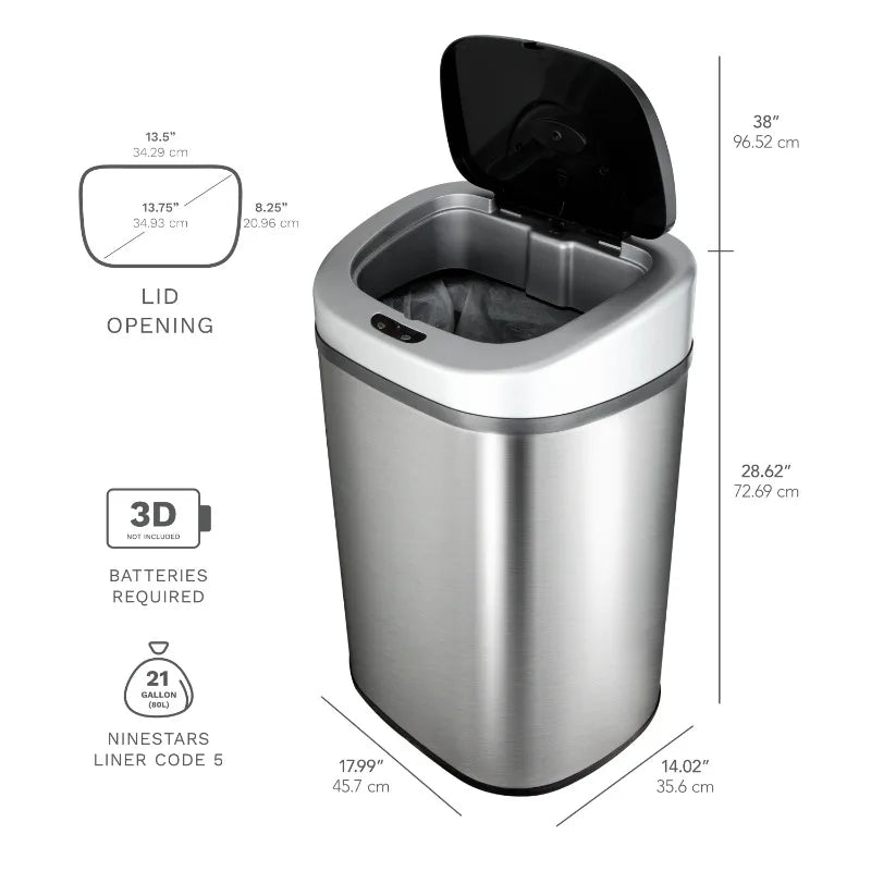 Nine Stars 21.1 Gallon Touchless Trash Can with Motion Sensor Stainless Steel Kitchen Waste Bin Eco Friendly Liner Included