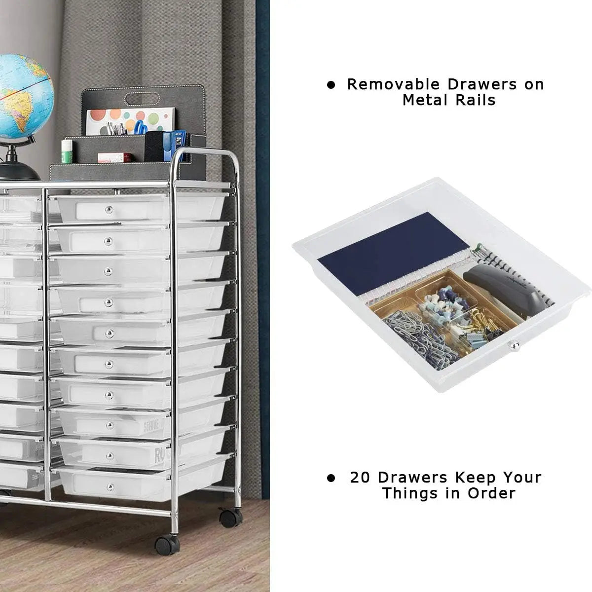 20-Drawer Utility Cart on Wheels, Semi-Transparent Mobile Organizer for Office, School, Tools & Crafts