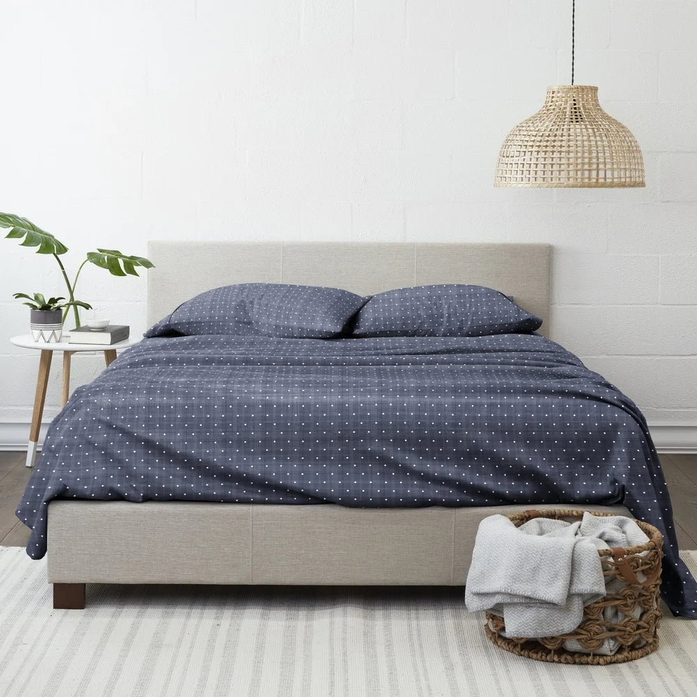 4 Piece Navy Polka Dot Microfiber Bed Sheet Set Soft Hypoallergenic Durable Deep Pocket Twin Bedding Ideal for Sensitive Skin