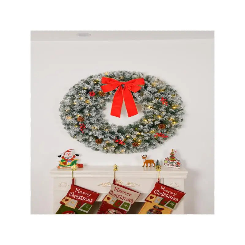 24" Pre-lit Battery Op Wreath w/Remote, Snow Flocked Xmas Wreath w/50 Warm Lights, 180 PVC Tips & Ornaments, Perfect for Front