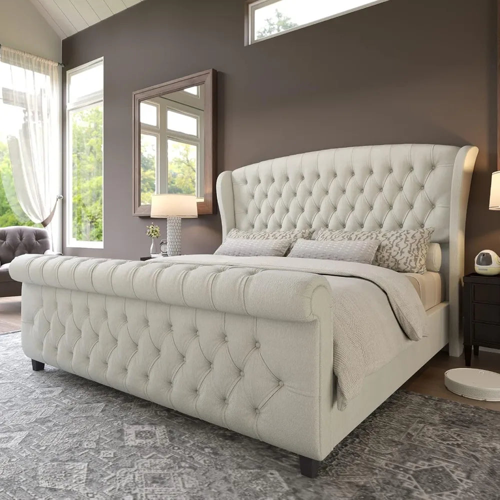 AMERLIFE Queen Size Platform Bed Frame: Chenille Upholstered Elegance with Scroll Wingback Headboard and Button Tufted Details