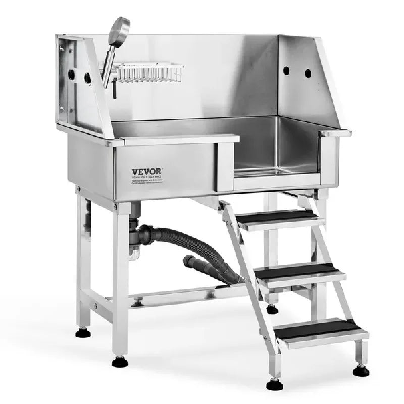 VEVOR 34 Inch Pet Dog Bathing Station with Ramp Professional Stainless Steel Dog Grooming Tub with Storage Drawer and Faucet