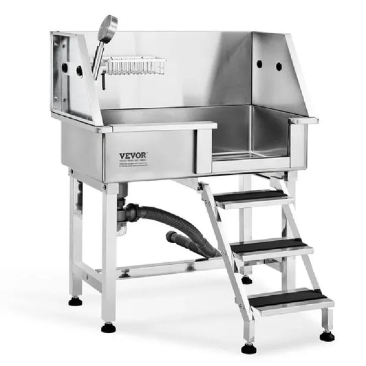 VEVOR 34 Inch Pet Dog Bathing Station with Ramp Professional Stainless Steel Dog Grooming Tub with Storage Drawer and Faucet