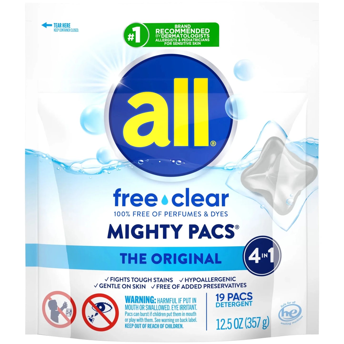 (6 pack) all Laundry Detergent Pacs, Free Clear for Sensitive Skin, Unscented and Dye Free, 19 Count