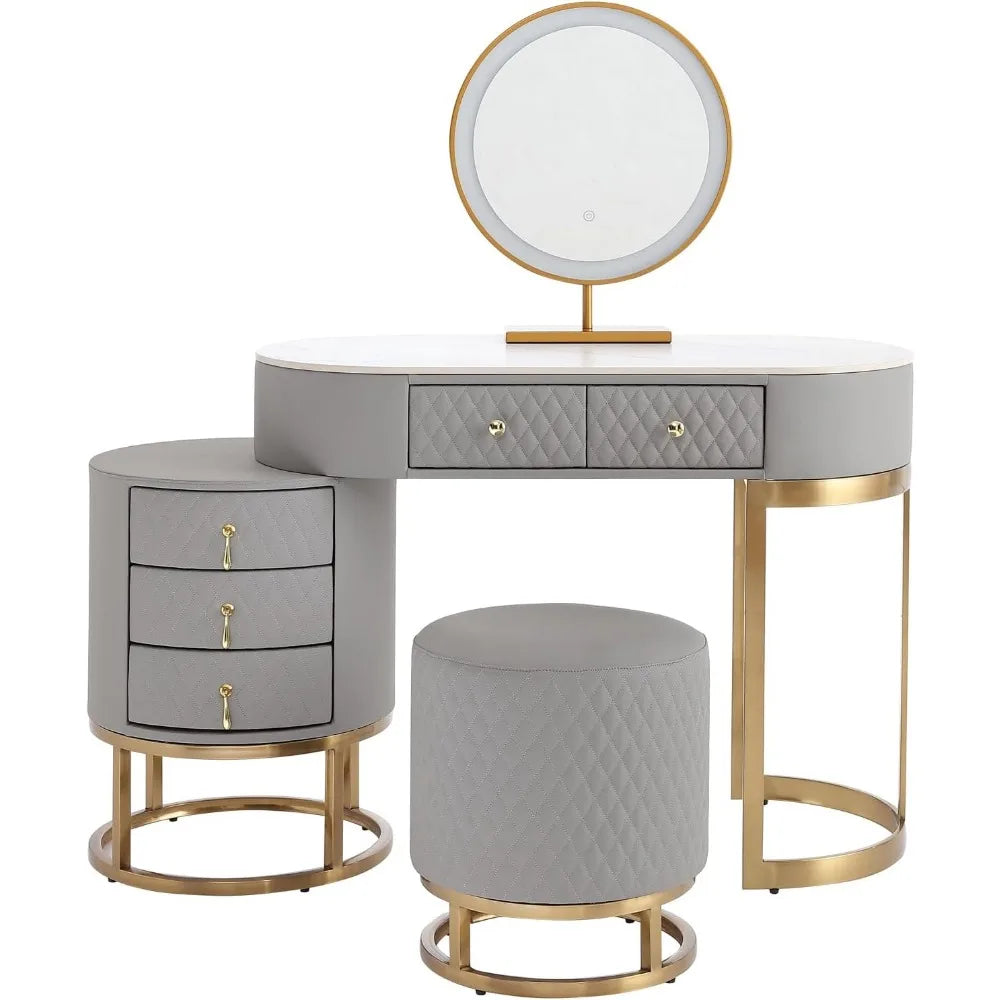 Faux Leather Makeup Vanity Desk Set with LED Lighted Mirror Luxury Dressing Table Storage Drawers and Vanity Stool Gray