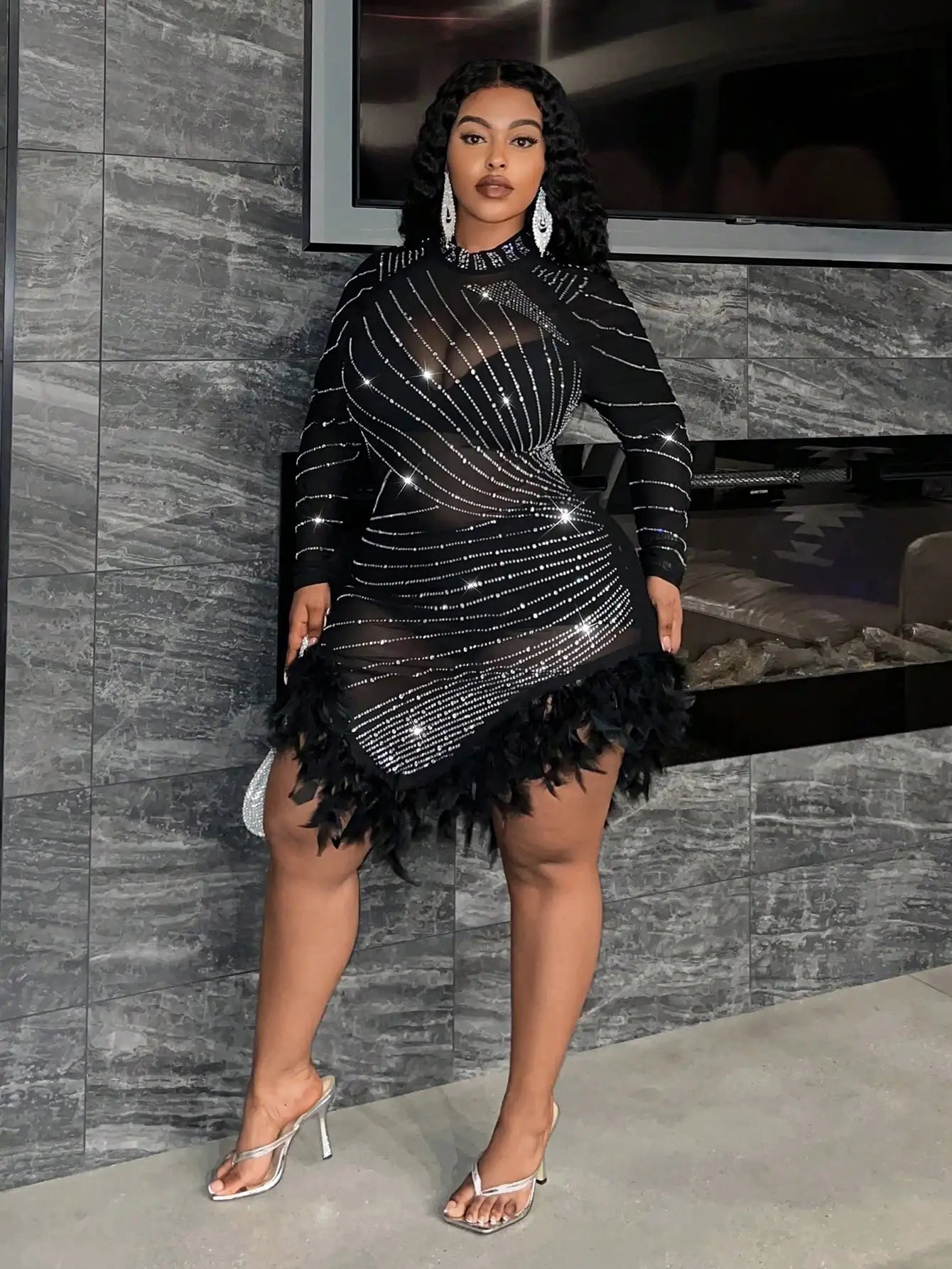 Slaydiva Plus Size Rhinestone Feather Mini Dress for Party Nightclub