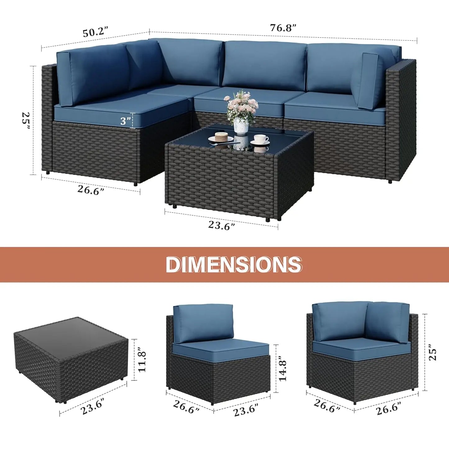Patio Furniture Sets, 5-Piece Outdoor Patio Furniture with Thick Cushions, Wicker Outdoor Conversation Set, Customized