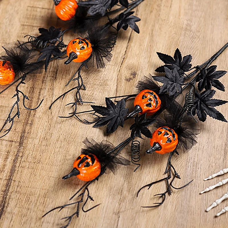 1 5 10 Pcs Halloween Branches Fake Twig with Maple Leaf Pumpkin Berries Flower Black Creepy Bouquet for Halloween Party Decor