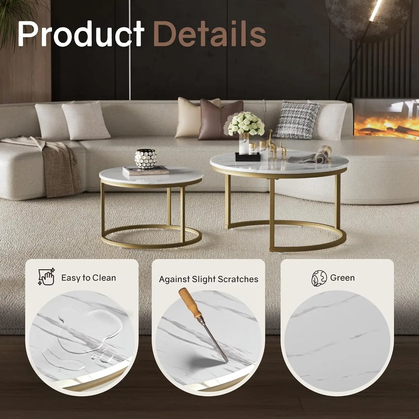 [New Arrival!]Nesting Tables Set of 2, 31.5" Round Coffee Table, Small Nesting Coffee Table with Adjustable Non-Slip Fee, White