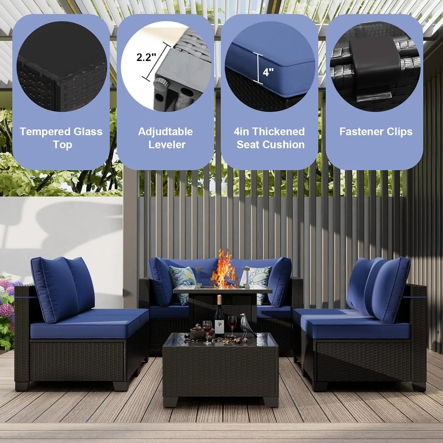 Patio Furniture Set With Fire Pit Table, 8 Piece Wicker Outdoor Sectional Set With Thick Cushions, Patio Sofa For, Customized