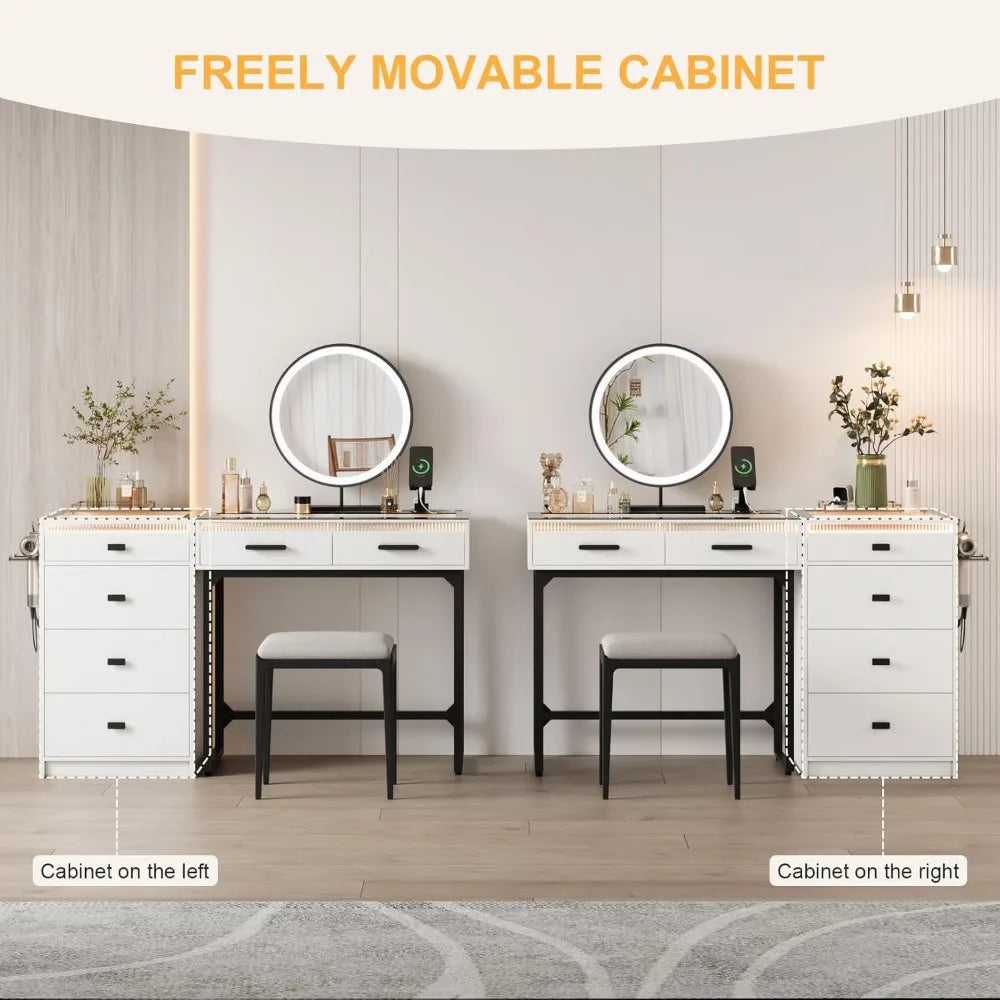 49 Inch Modern Vanity with Mirror and Light Charging Station 6 Drawers and Separate Drawers Bedroom Glass Vanity