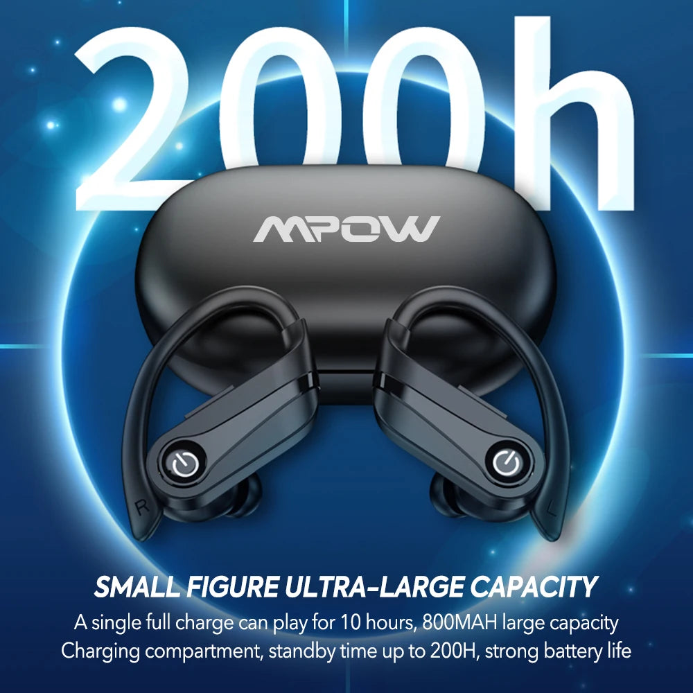 Mpow Q63 Bluetooth 5.3 Wireless Earbuds with Mic IPX7 Waterproof 200 Hours Earphones with Hooks for Sports Running Workout Gym