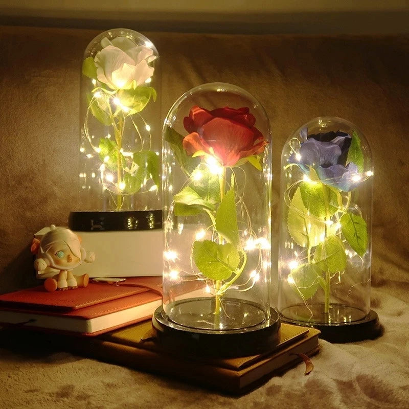 Valentine's Day Artificial Flower 24k Gold Foil Eternal Rose In Glass With Lights Decor For Home Birthday Gift Mother's Day Gift
