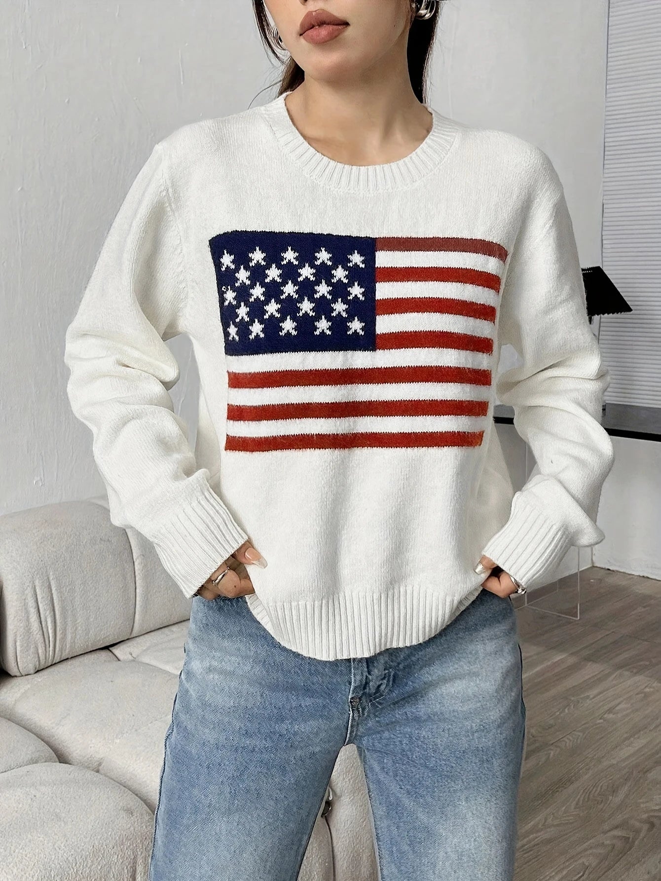 Autumn and Winter New Fashion Woman Sweater Flag Knit Sweater Women's Elegant Casual Collar Long Sleeve Sweater Top