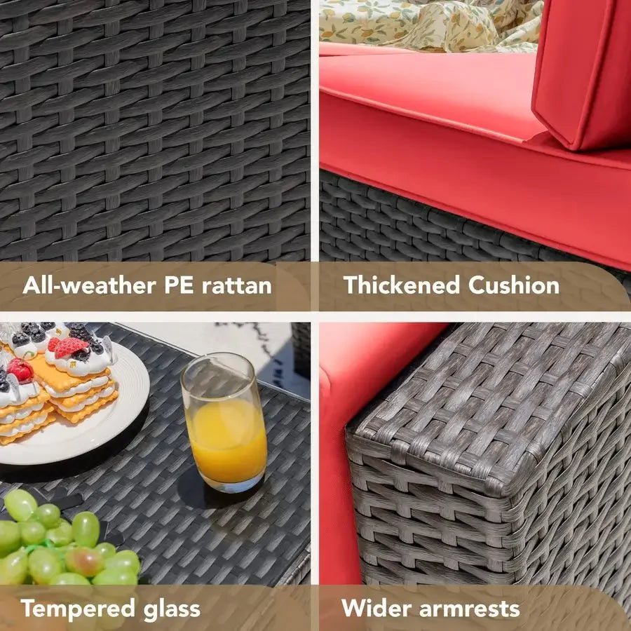 7 Pieces Outdoor Sectional Sofa Patio Furniture Sets Manual Weaving Wicker Rattan Patio Conversation Sets with Cushion and Glas