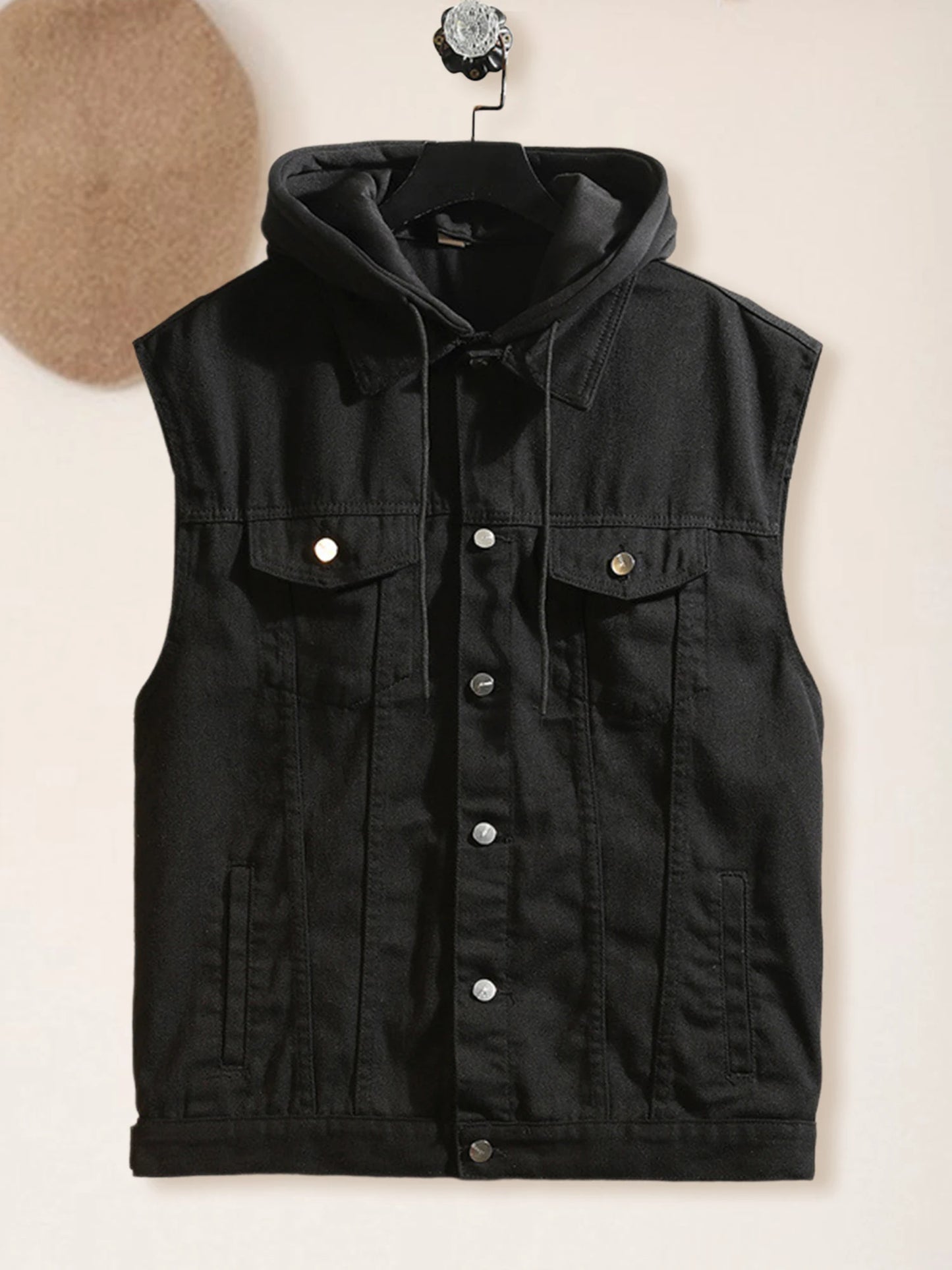 Men s Sleeveless Denim Vest with Hood and Pockets Casual Button Up Contrast Color Jean Jacket for Warmth and Style