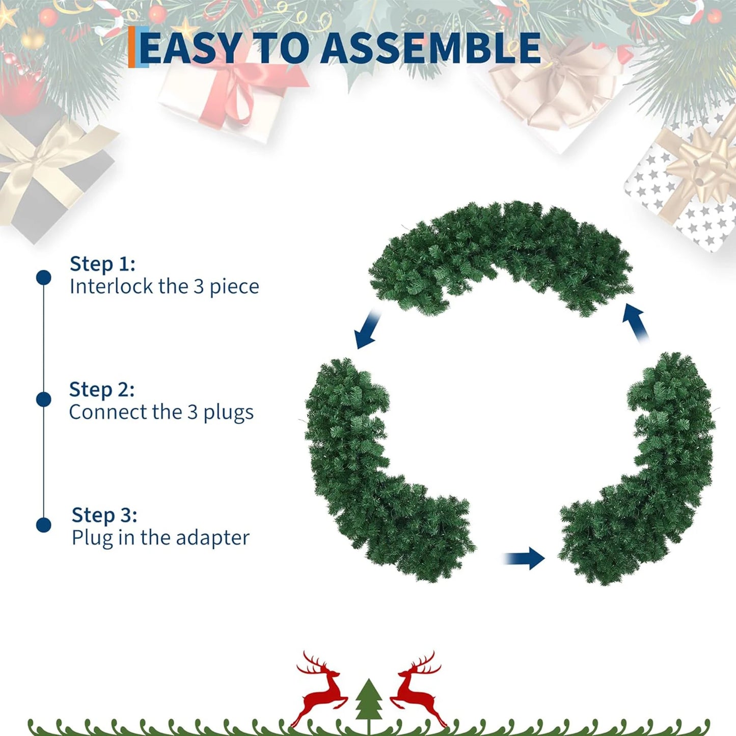 Artificial Christmas Wreath with Bow, Pre-Lit Winter Wreath with LED Light, Indoor Outdoor Holiday Xmas Decorations