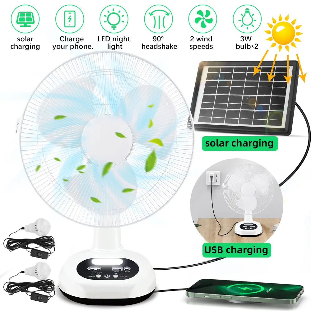 Solar Rechargeable Portable Cold Air Fan Outdoor Floor Table Desk Fan with LED Light and 2 Speed Remote Control for Bedroom