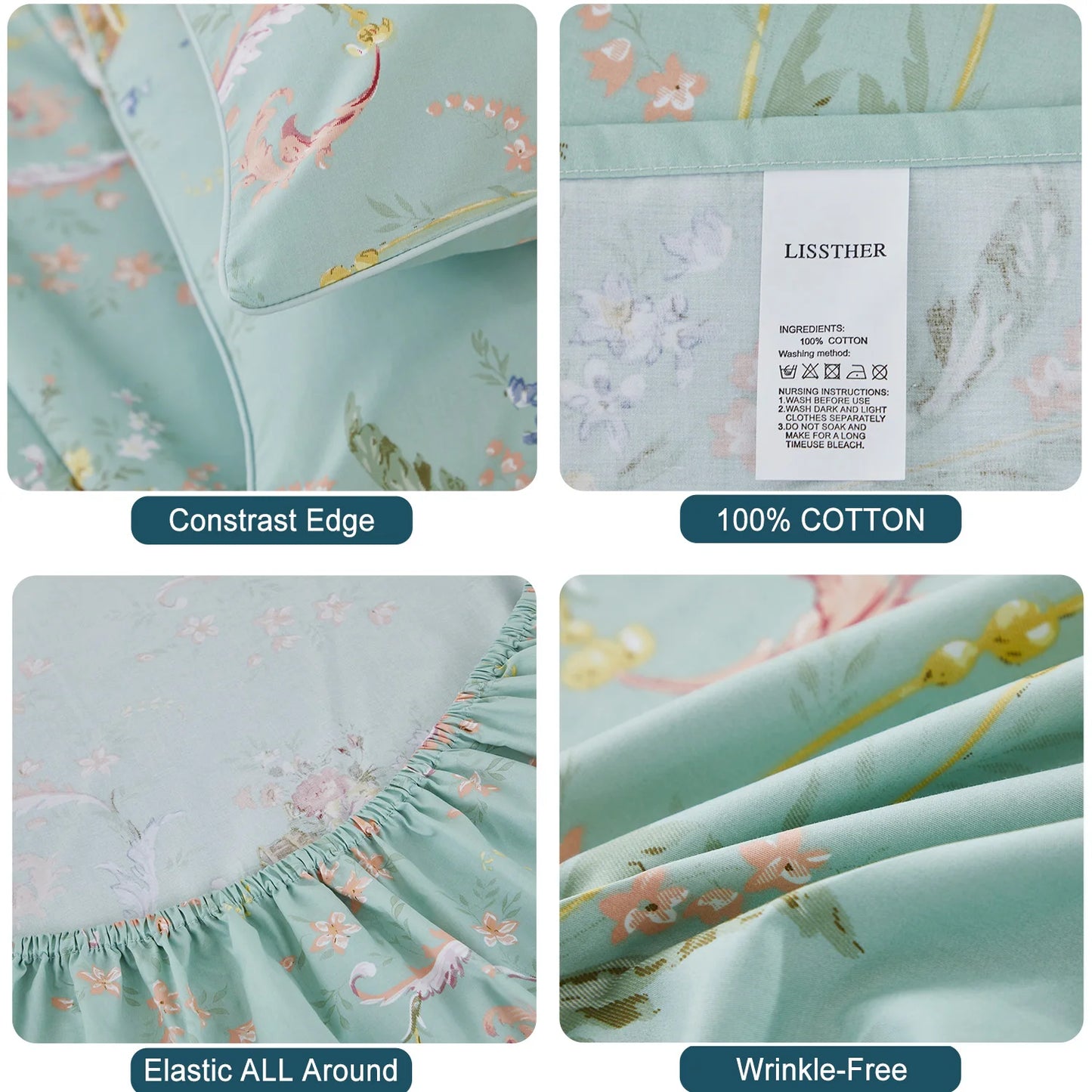 4 Pieces 600 TC 100 Percent Egyptian Cotton Fitted Sheet Set Floral Luxury Shabby Chic Soft and Skin Friendly