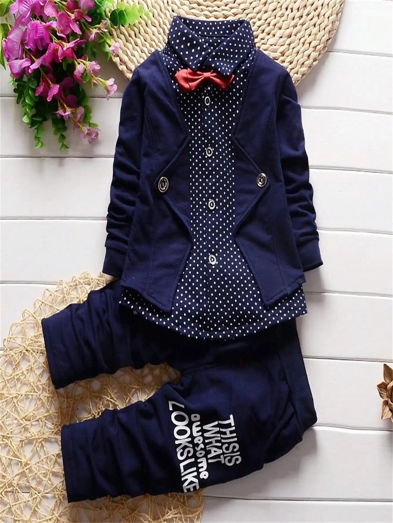New Spring and Autumn Boys' Fashion Casual Polka Dot Leads Fake Two piece Top, Men's Baby Pants Two piece Set