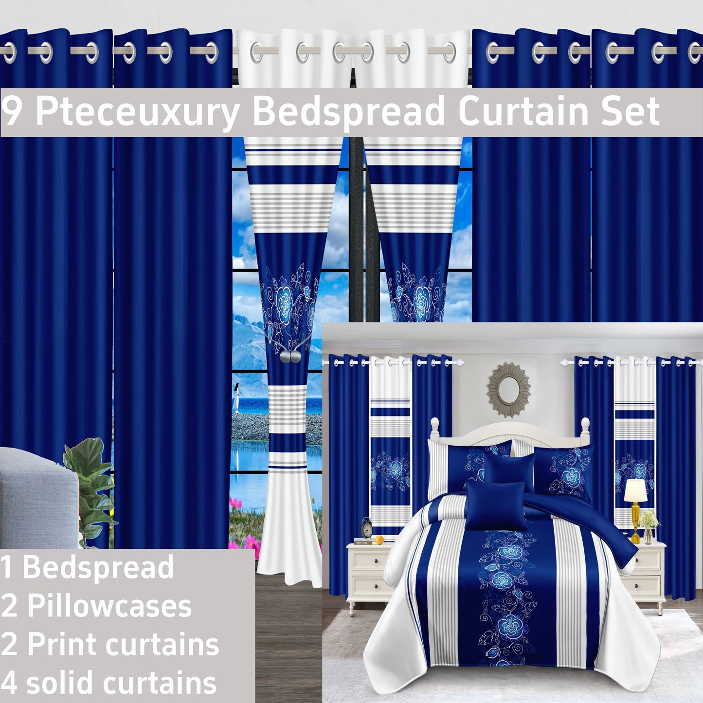 Royberry 9 Piece Thick Bedspread Set Blue and White Flower Warmth Includes Bedspread Pillowcases and Curtain Set Ideal for Bedroom Guest Room and Holiday Gift