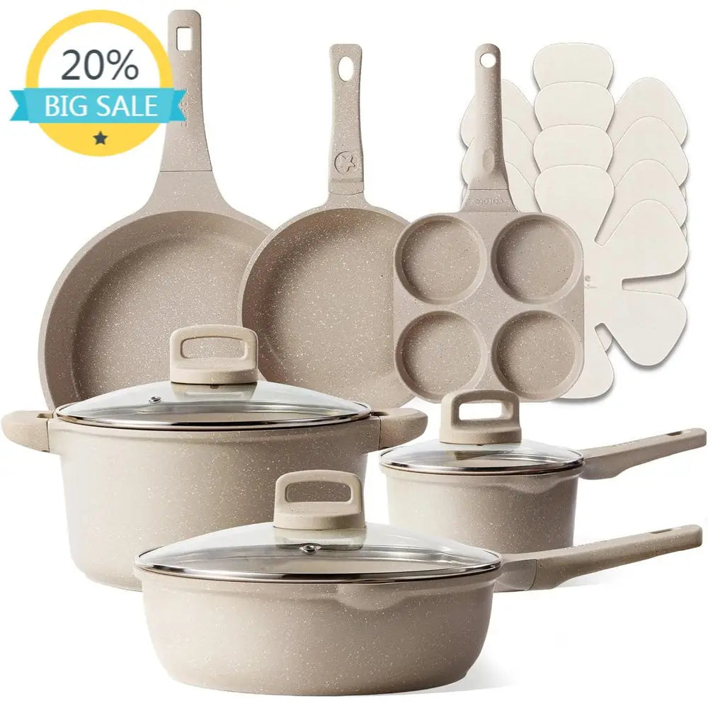 13-Piece Non-Stick Cookware Set, Taupe Hued Pots and Pans with Lids, Essential Kitchen Induction-Ready Cookware