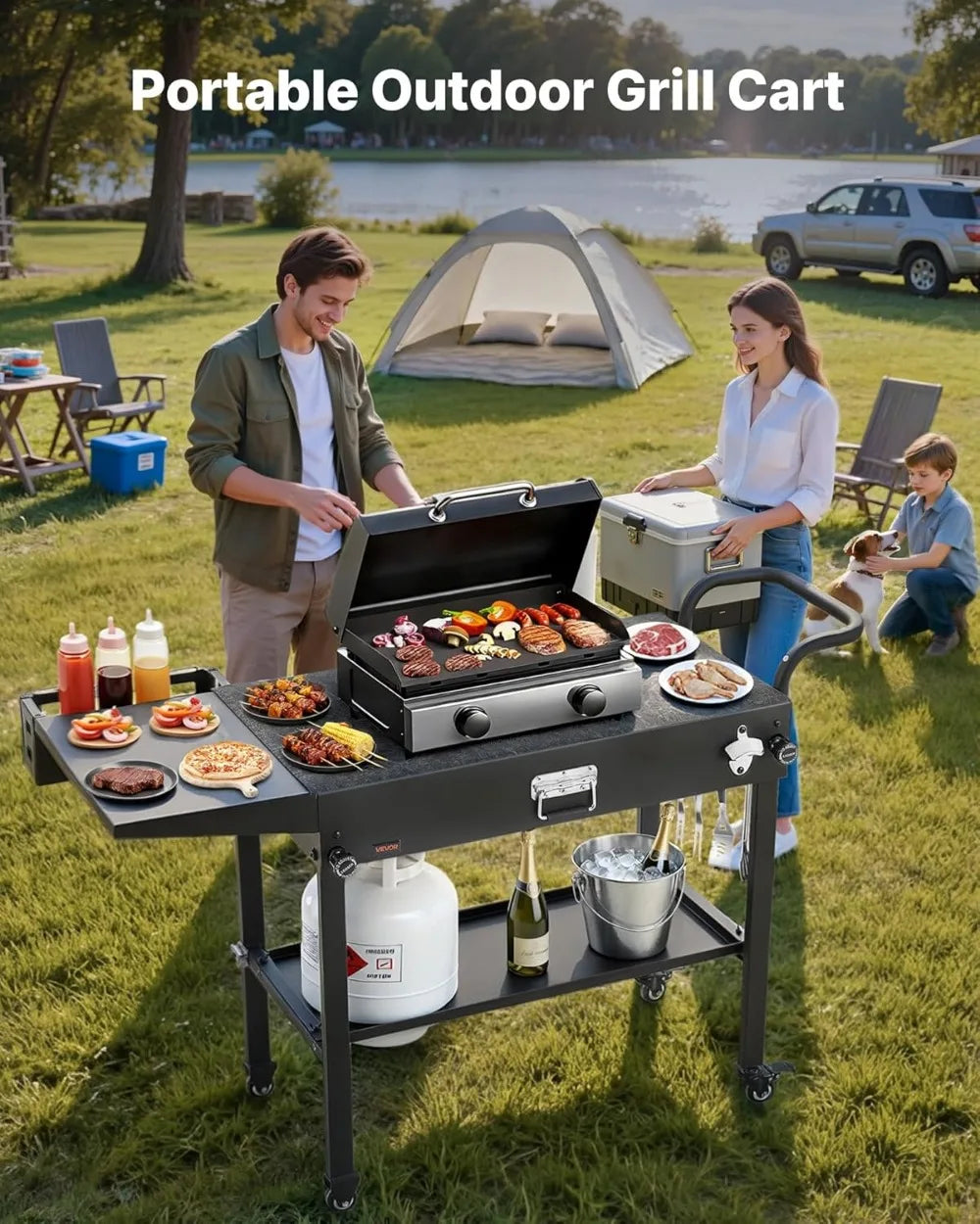 Outdoor Grill Cart, 31x17in Foldable BBQ Table with Wheels, Side Table, Tissue Holder, Hooks, for Picnic Kitchen